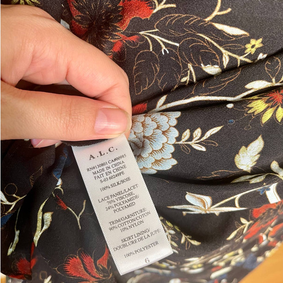 New! ALC 4 Dark Floral 100% SILK $695 Lace Cynthia Long Sleeve Fit Flare Dress - Picture 11 of 12